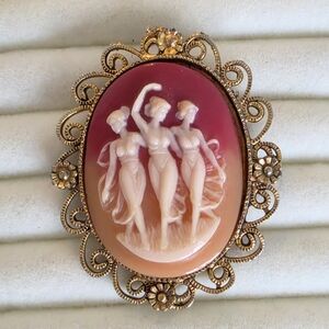 Vintage 80s Three Graces Cameo Brooch | Victorian Revival | Dancing Muses Pin
